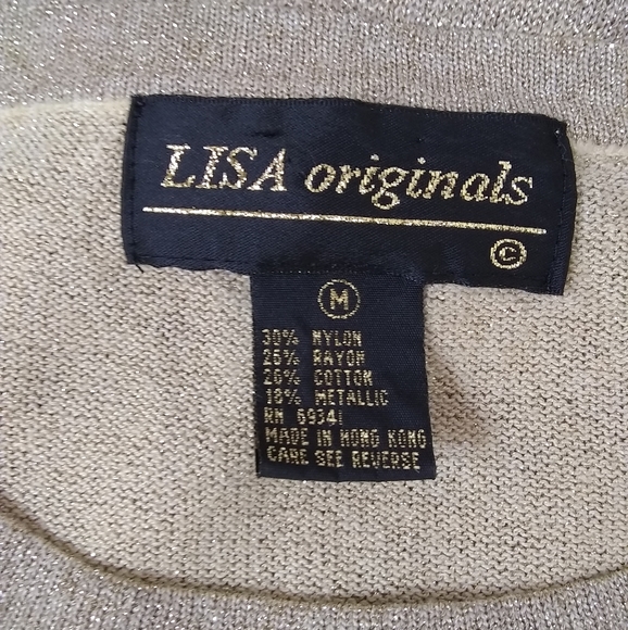 Lisa Originals Sweater Women's M Shrt Slv Pullover Gold Metallic Cotton Blnd EUC - Picture 2 of 8